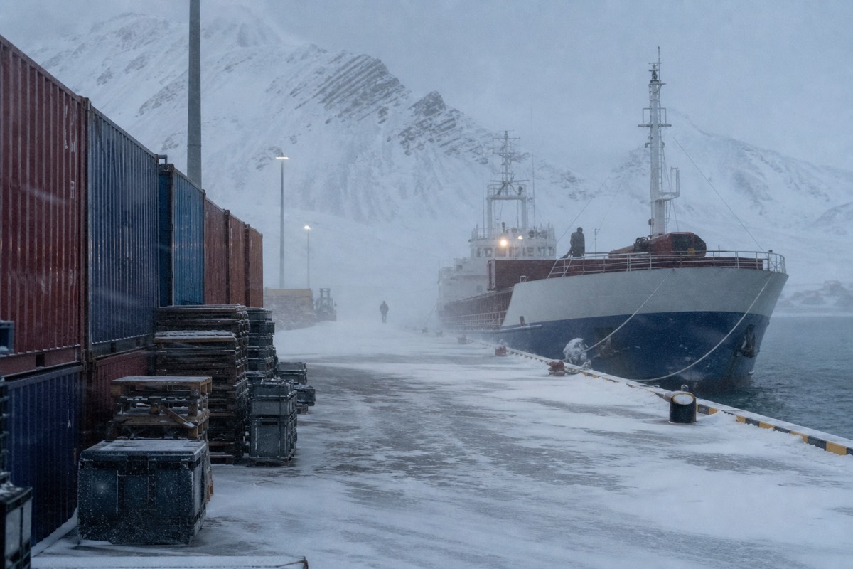 Supply containers stacked at the Longyearbyen quayside with snow-covered mountains behind