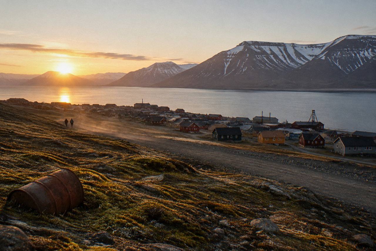 Snow-free Arctic tundra and Isfjorden under the midnight sun near Longyearbyen