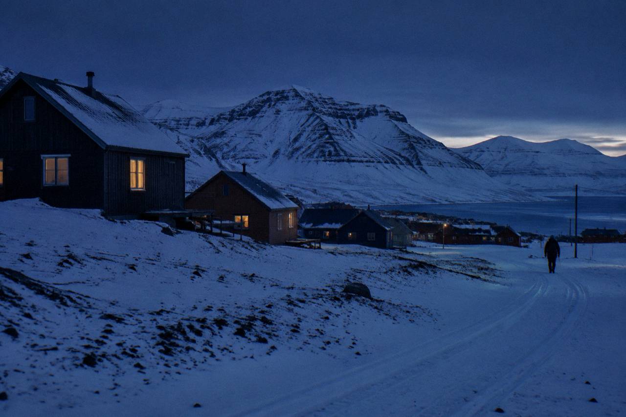 Longyearbyen and the surrounding mountains in deep winter snow under blue polar twilight